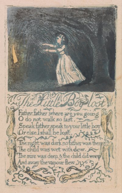 Liederen van onschuld en ervaring, plaat 16, de verloren kleine jongen (Bentley 13) door William Blake
